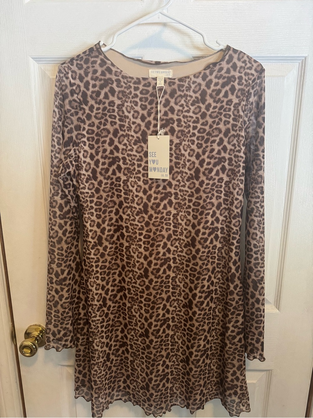 See You Monday Brown Leopard Print Mesh Mini Dress